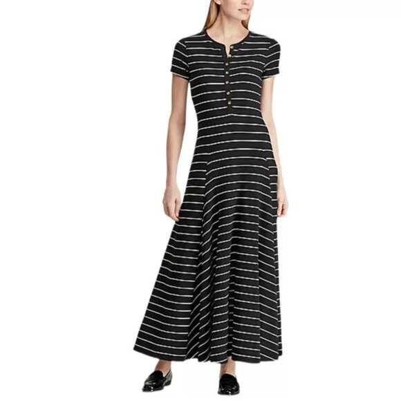 LRL Ralph Lauren M Short Sleeve Jersey Maxi Dress Black White Stripe A-Line - Picture 1 of 13